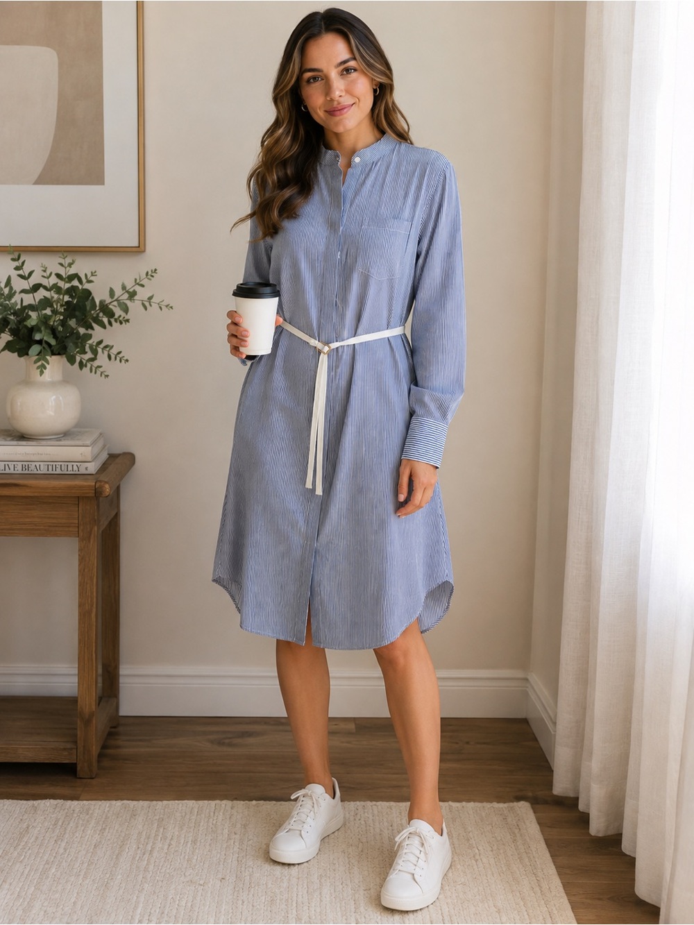 COCO Blue & White Striped Shirt Dress – Size Small – 100% Cotton